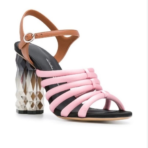 Salvatore Ferragamo Pink and Tan Strappy Heeled Sandals
